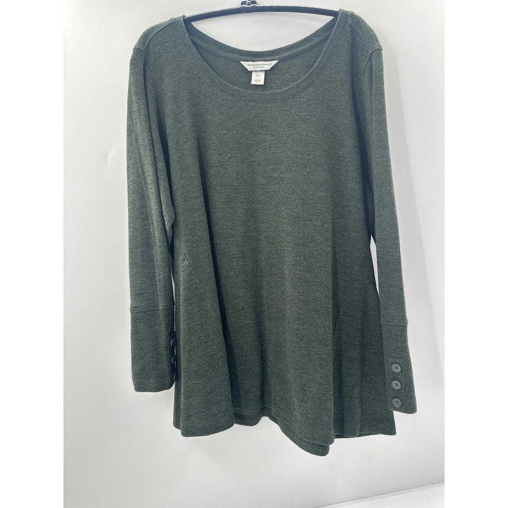 Christopher & Banks Petite XL Green Waffle Knit Button Cuff Tunic Top Thermal